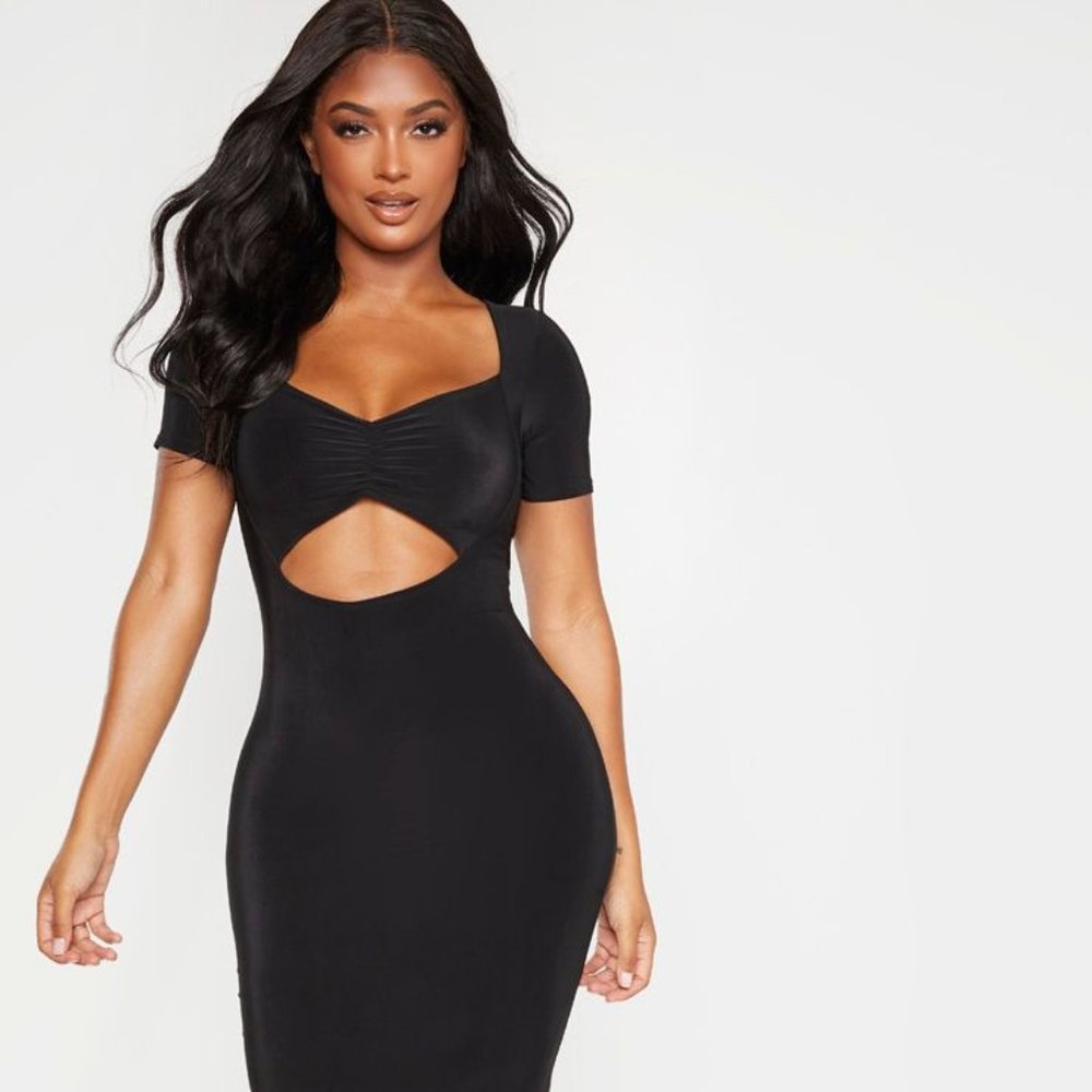 SHAPE BLACK SLINKY RUCHED BUST CUT OUT MIDI DRESS